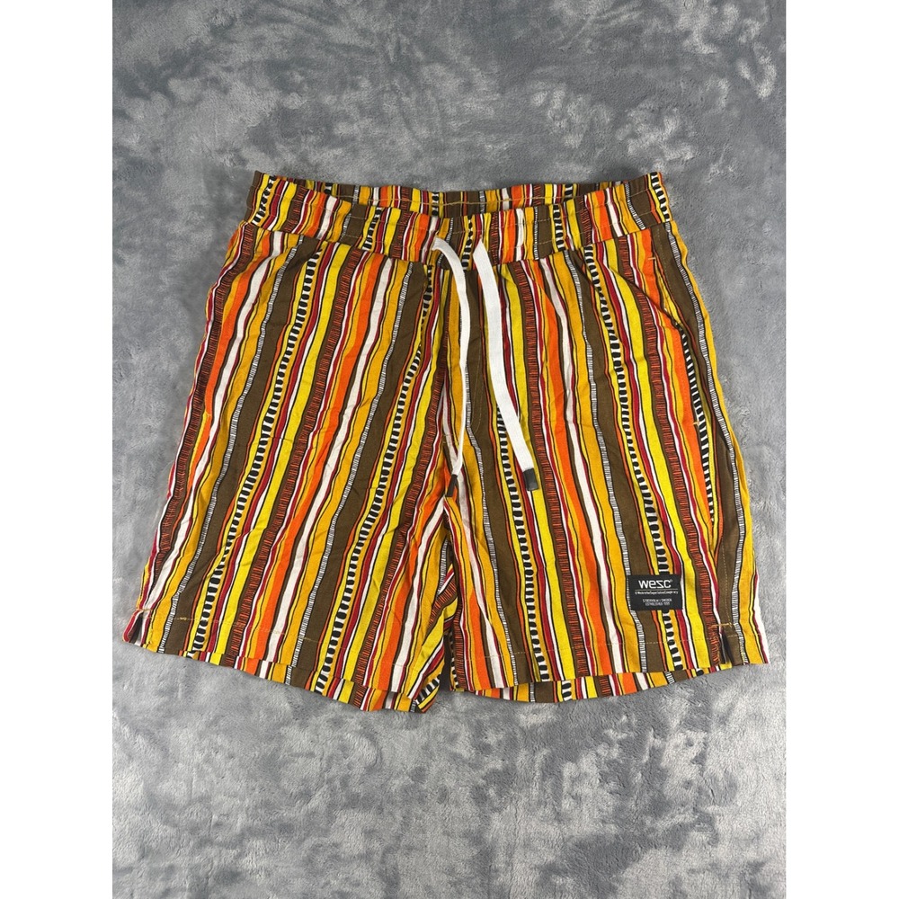 WeSC‎ Mens Vertical Striped Drawstring Shorts Orange Yellow Brown Multi Color